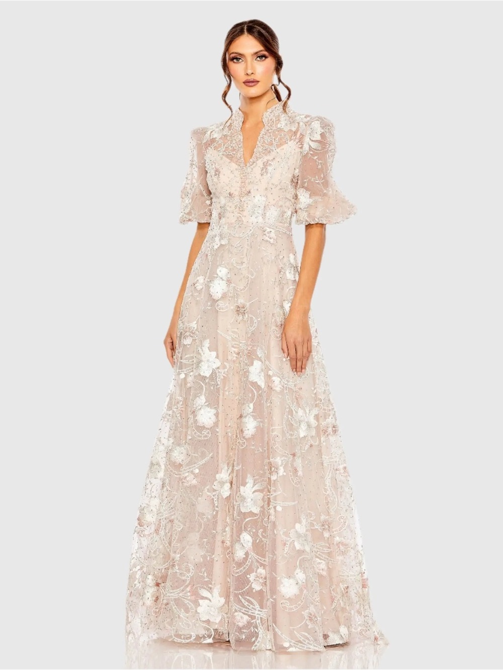MAC DUGGAL Pink Queen Anne Puff Sleeve Embroidered A-Line Gown